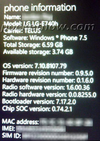 LG E740: specifications